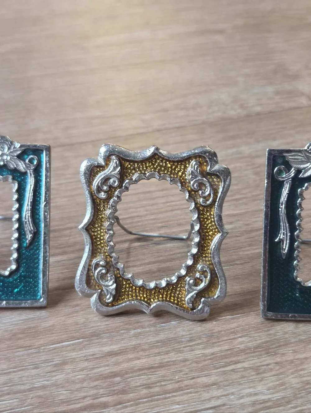 Vintage Mini Ornate Metal Picture Frame Silver Tone, Green & Yellow Resin